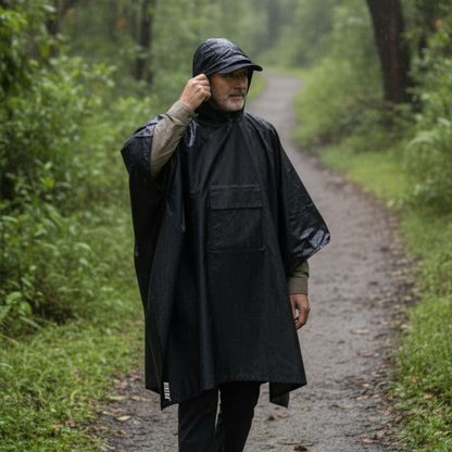 A pilgrim hiking the Camino de Santiago in the rain, wearing the Australian-designed 285g Trekshield poncho that covers a 55L backpack to keep straps dry and ventilated.